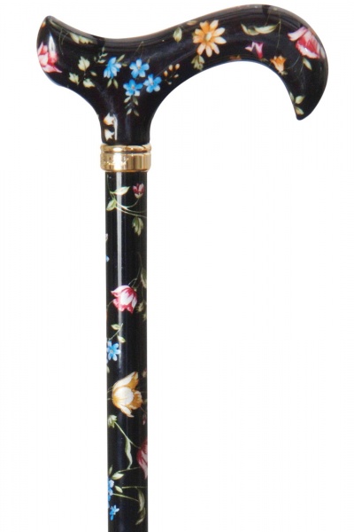 Tea Party Adjustable Walking Stick - Black Floral