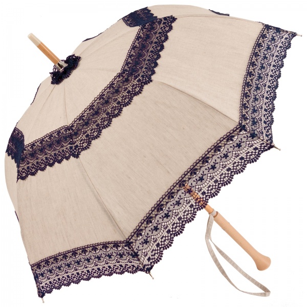 Mathilde - UVP Beige Parasol with Navy Lace Bands by Pierre Vaux