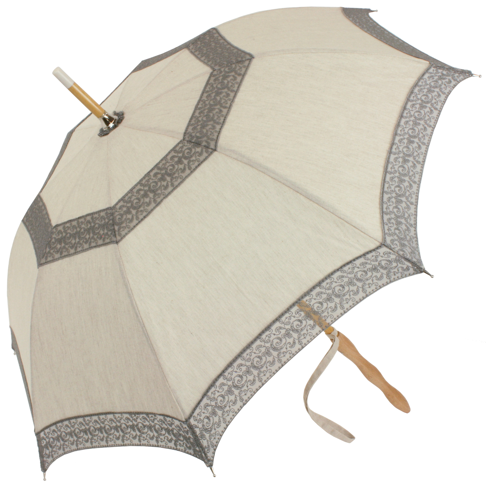 Eleonore - UVP Beige Parasol with Grey Curl Lace Bands by Pierre Vaux