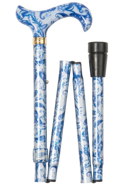 Fashion Folding Walking Stick - Blue Paisley & Butterflies