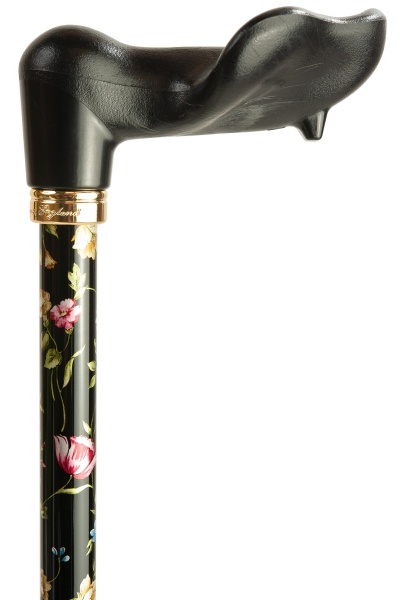 Anatomical Black Floral Adjustable Walking Cane - Right Handed