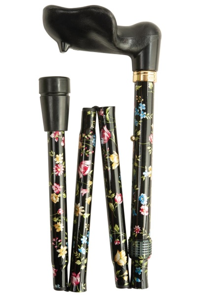 Anatomical Black Floral Folding Walking Cane - Left Handed