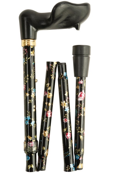 Anatomical Black Floral Folding Walking Cane - Right Handed