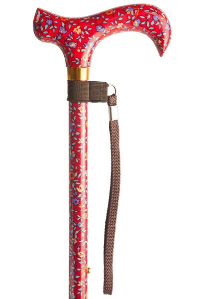 Adjustable Walking Stick with Patterned Derby Handle - Red Floral