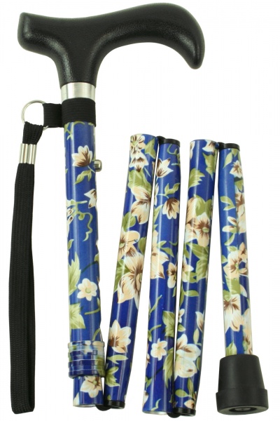 Folding Walking Stick - 5 Sections - Blue Morris Pattern