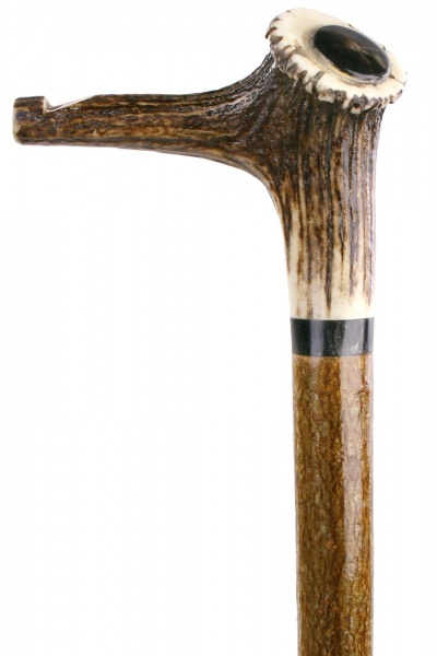 Stout Staghorn Crown Hiking Stick with Whistle and Buffalo horn details