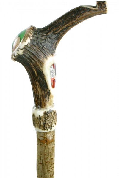 Stout Staghorn Crown Hiking Stick with Highland Cow and Hobby Falcon Decals