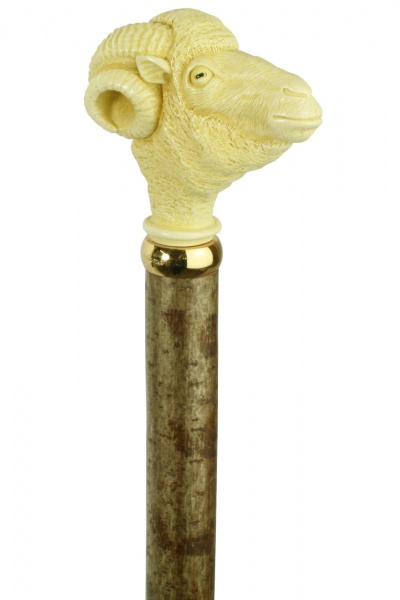 Imitation Ivory Ram's Head Hazel Hiking Stick