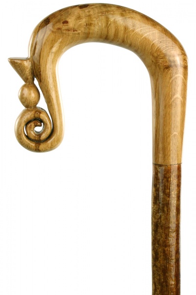 Handmade Oak Burr Scroll & Thistle Shepherd's Crook on Hazel Shaft