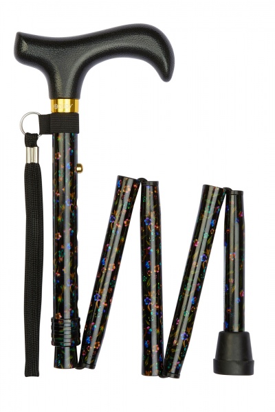 Shorter Folding Walking Stick - 5 Sections - Black Floral