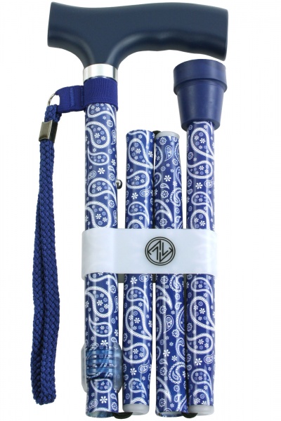 Paisley Crutch Handle Folding Walking Stick - Blue