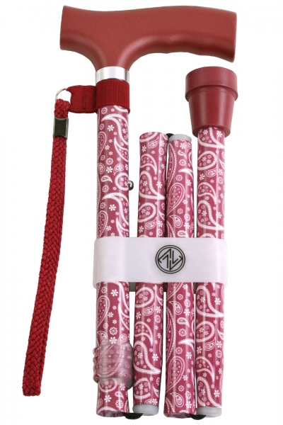 Paisley Crutch Handle Folding Walking Stick - Red