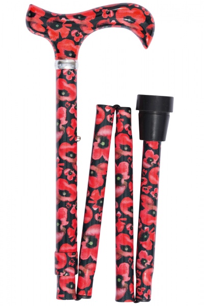 British Wildflowers Derby Folding Walking Stick - Poppies